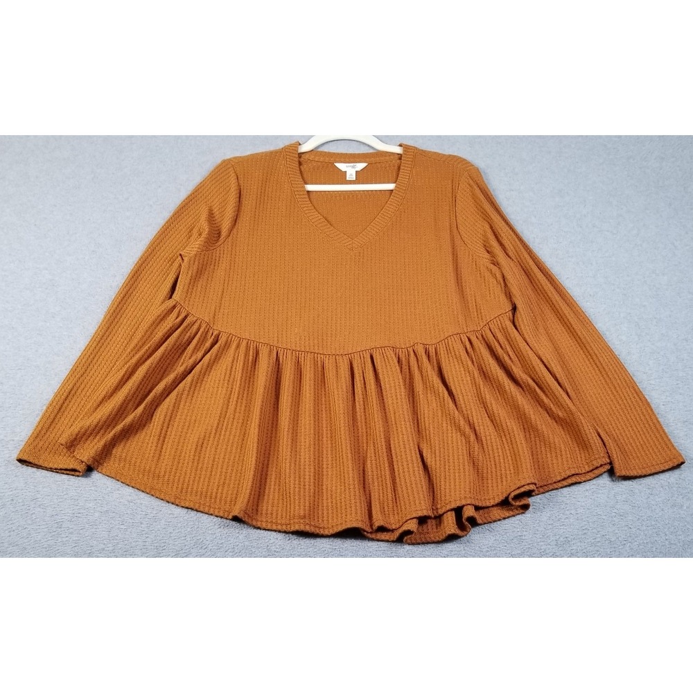 Terra & Sky Peplum Top Womens 0X 14W Plus Orange Waffle Knit V-Neck Long Sleeve